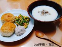 馬鈴薯蛤蠣濃湯+柴魚苦瓜炒蛋+米豆泥